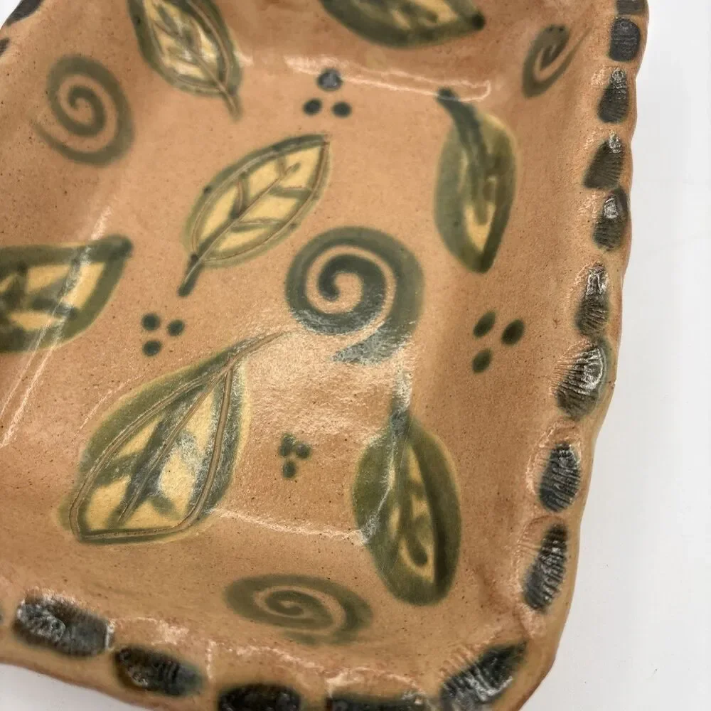 Vintage Signed Studio Pottery Tray Hand Painted Leaf Swirl Motif Terracotta Dish